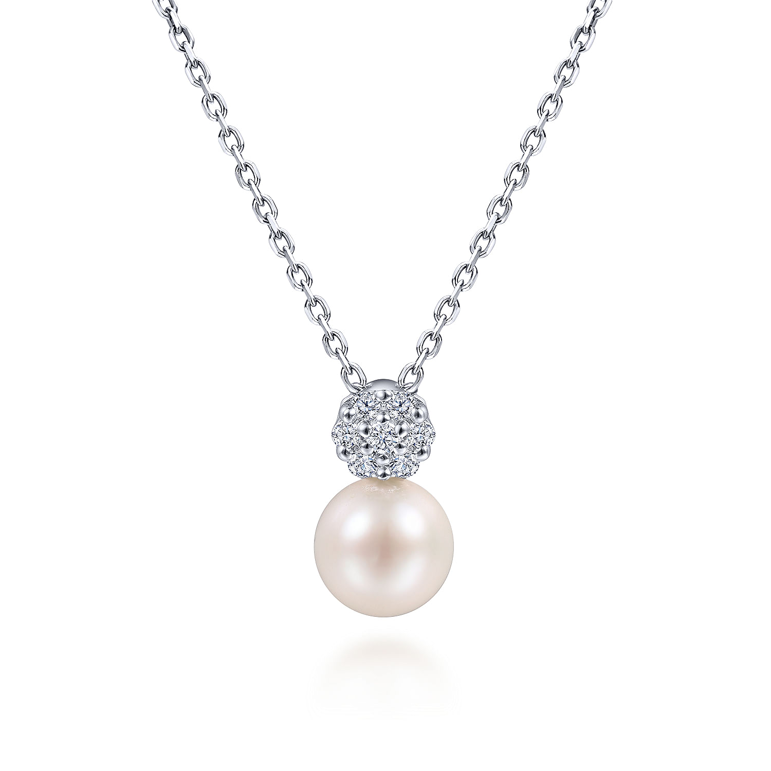 Gabriel - 18 inch 14K White Gold Cultured Pearl and Diamond Pavé Pendant Necklace