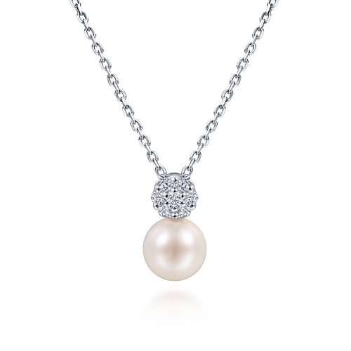 18 inch 14K White Gold Cultured Pearl and Diamond Pavé Pendant Necklace