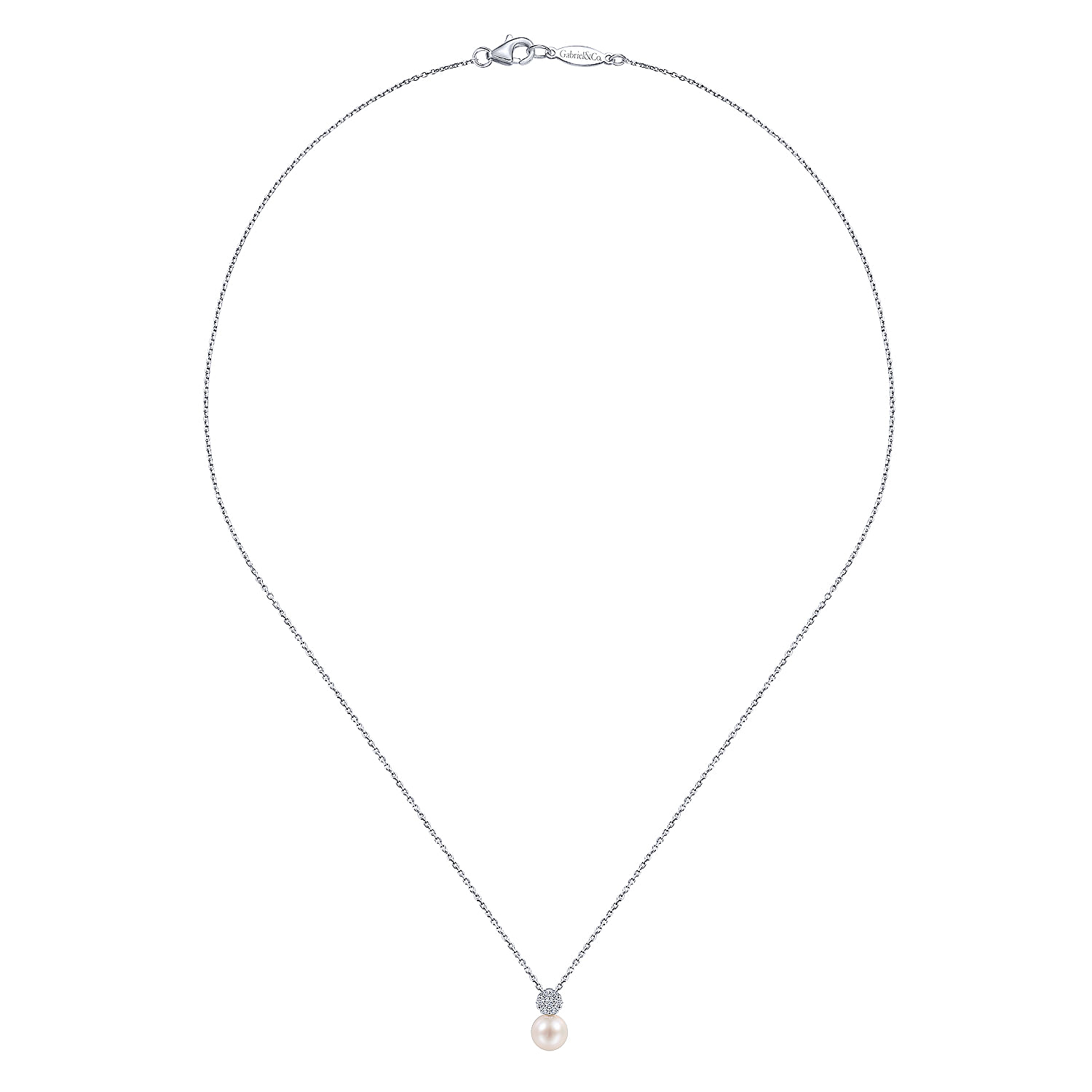 18 inch 14K White Gold Cultured Pearl and Diamond Pavé Pendant Necklace