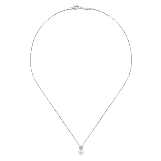 18 inch 14K White Gold Cultured Pearl and Diamond Pavé Pendant Necklace angle 2