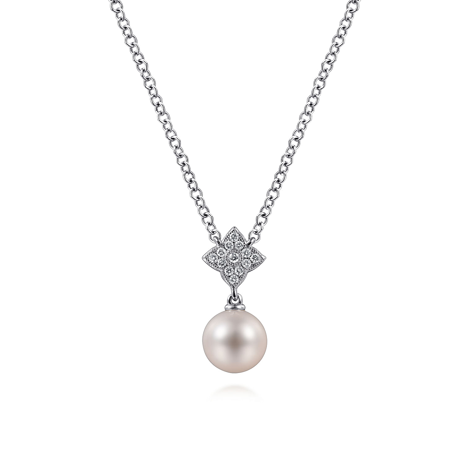 Gabriel - 18 inch 14K White Gold Cultured Pearl and Floral Diamond Pendant Necklace