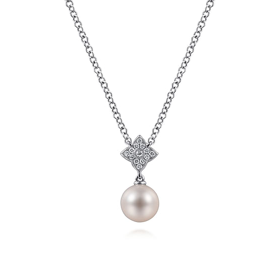 Gabriel - 18 inch 14K White Gold Cultured Pearl and Floral Diamond Pendant Necklace