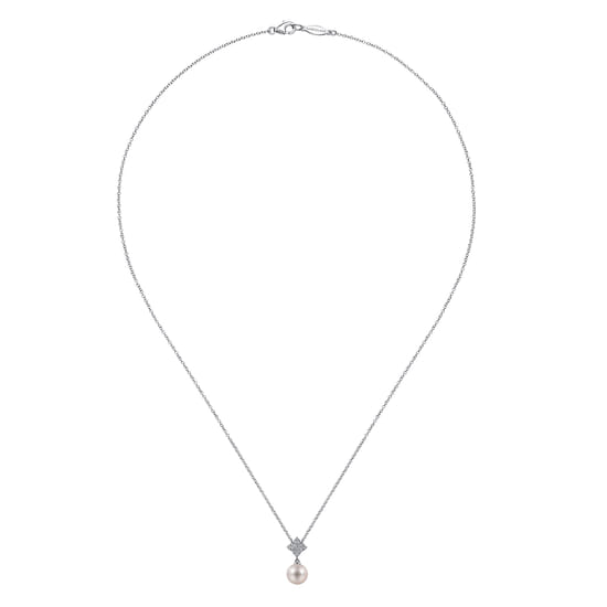 18 inch 14K White Gold Cultured Pearl and Floral Diamond Pendant Necklace angle 2