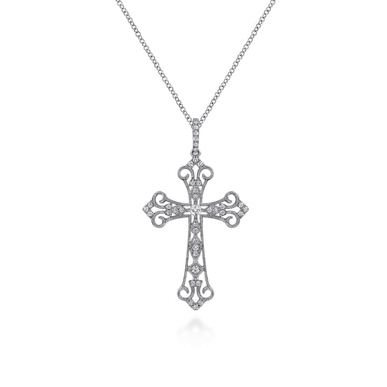 18 inch 14K White Gold Diamond Filigree Cross Pendant Necklace
