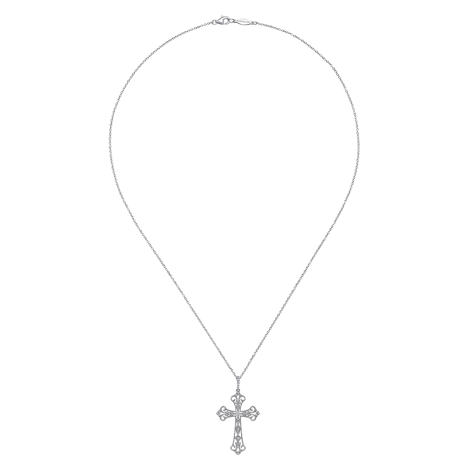 18 inch 14K White Gold Diamond Filigree Cross Pendant Necklace