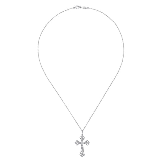 18 inch 14K White Gold Diamond Filigree Cross Pendant Necklace angle 2