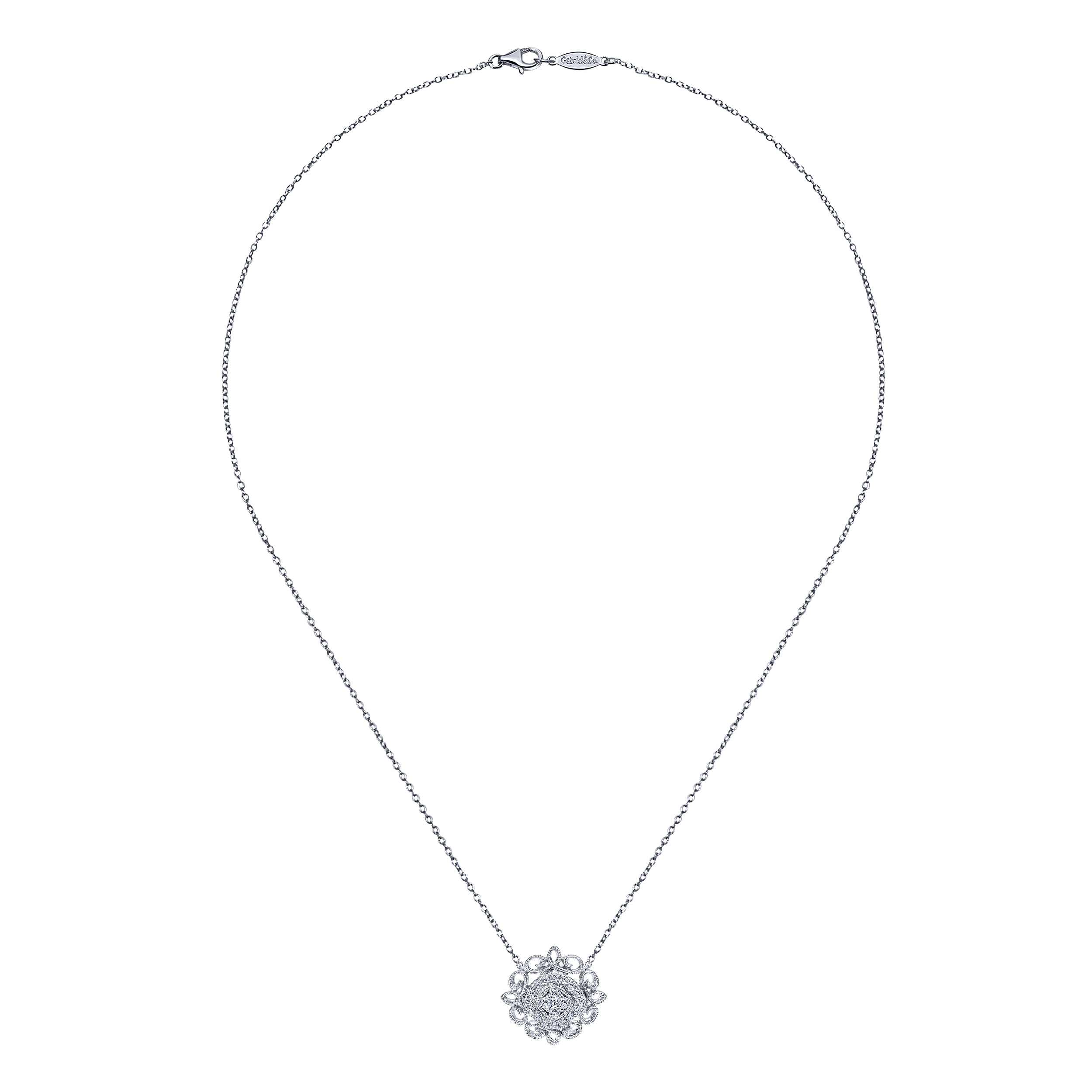 18 inch 14K White Gold Filigree Diamond Pendant Necklace