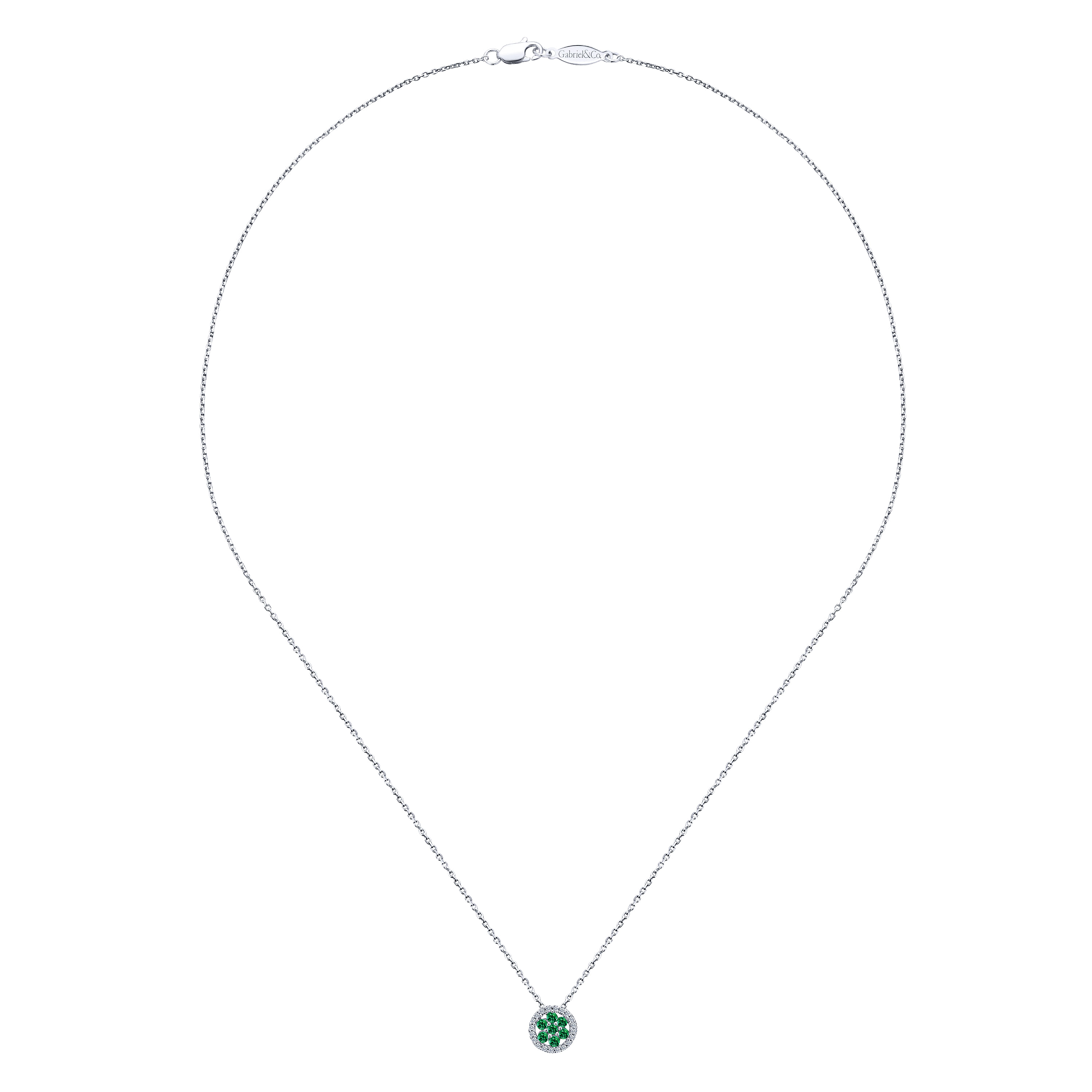 18 inch 14K White Gold Floral Emerald and Diamond Halo Pendant Necklace