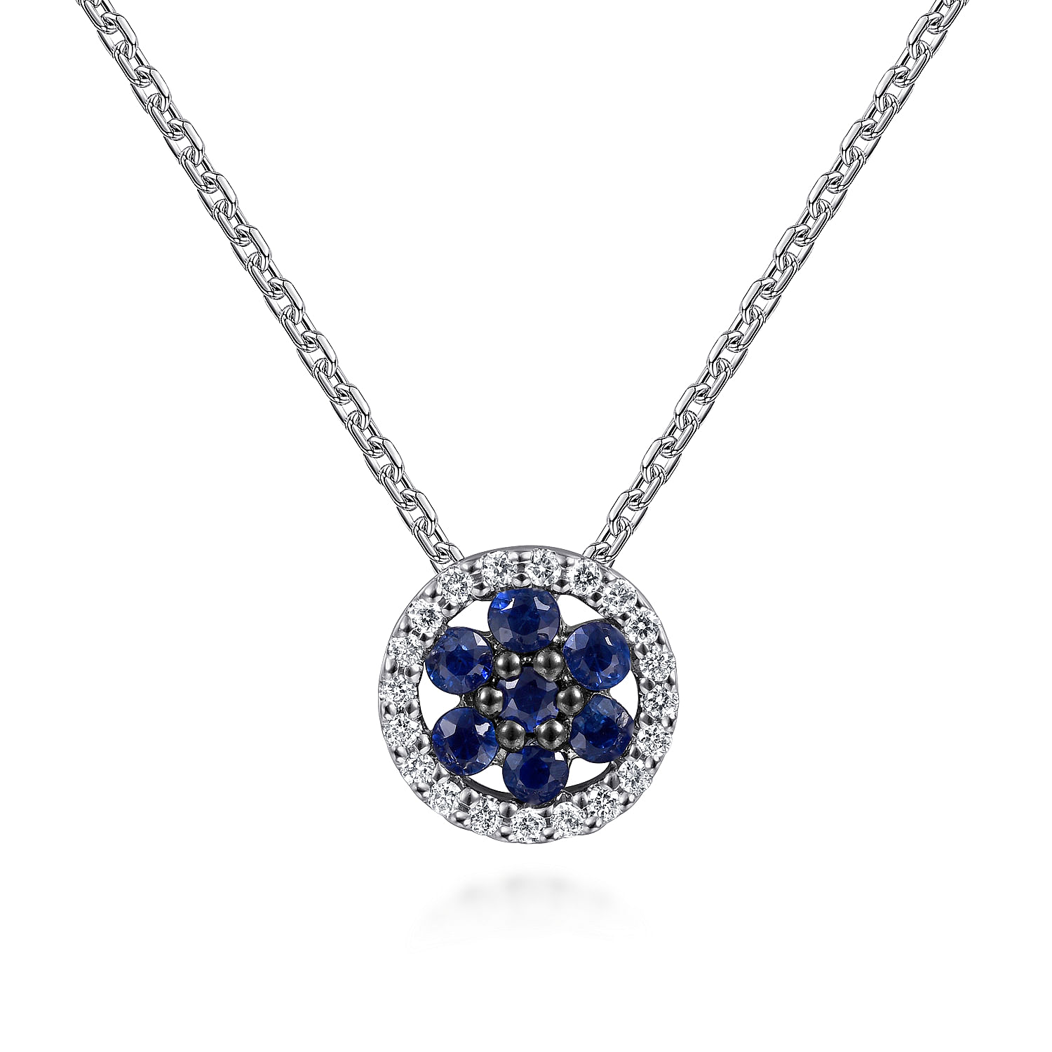18 inch 14K White Gold Floral Sapphire and Diamond Halo Pendant Necklace
