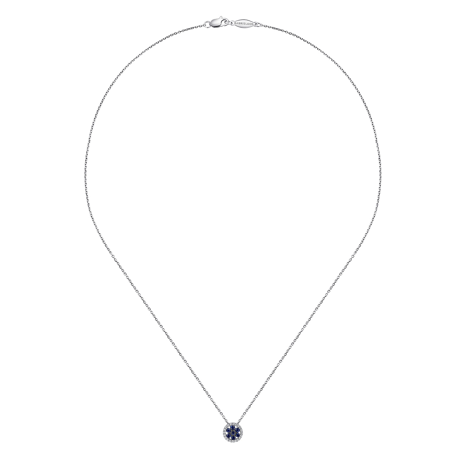 18 inch 14K White Gold Floral Sapphire and Diamond Halo Pendant Necklace