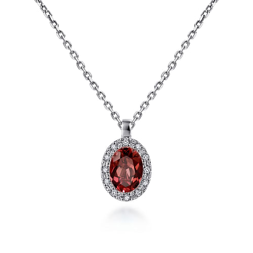 18 inch 14K White Gold Garnet and Diamond Halo Drop Necklace