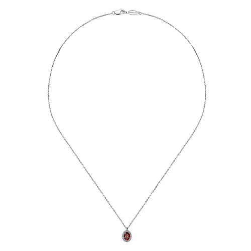 18 inch 14K White Gold Garnet and Diamond Halo Drop Necklace