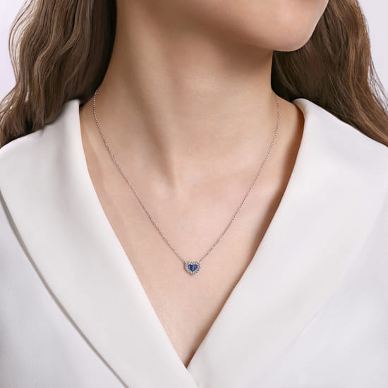 18 inch 14K White Gold Heart Sapphire and Diamond Pendant Necklace angle 3
