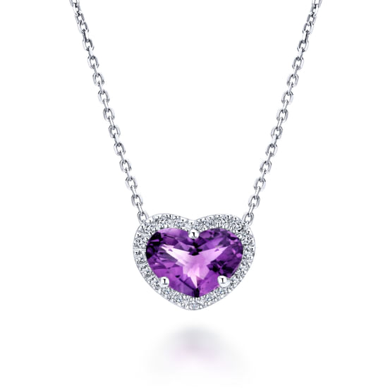 Gabriel - 18 inch 14K White Gold Heart Shape Amethyst and Diamond Halo Pendant Necklace