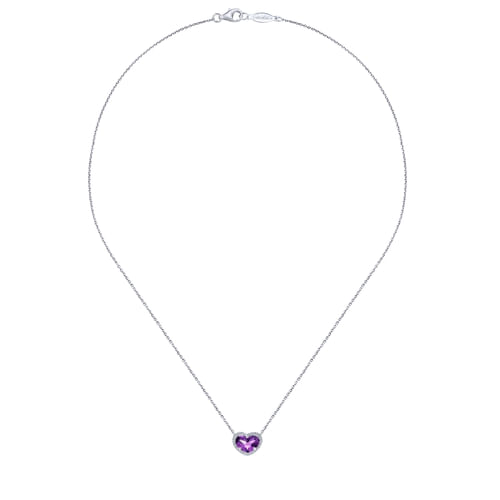 18 inch 14K White Gold Heart Shape Amethyst and Diamond Halo Pendant Necklace