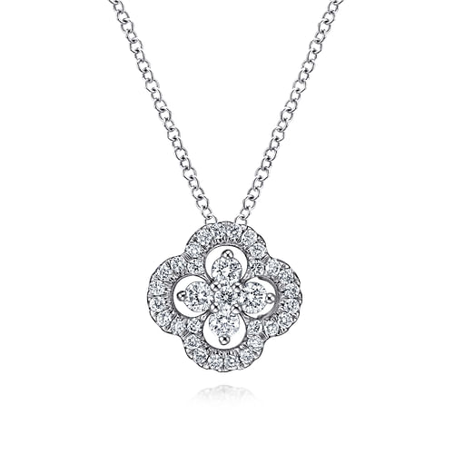 18 inch 14K White Gold Open Clover Diamond Pendant Necklace