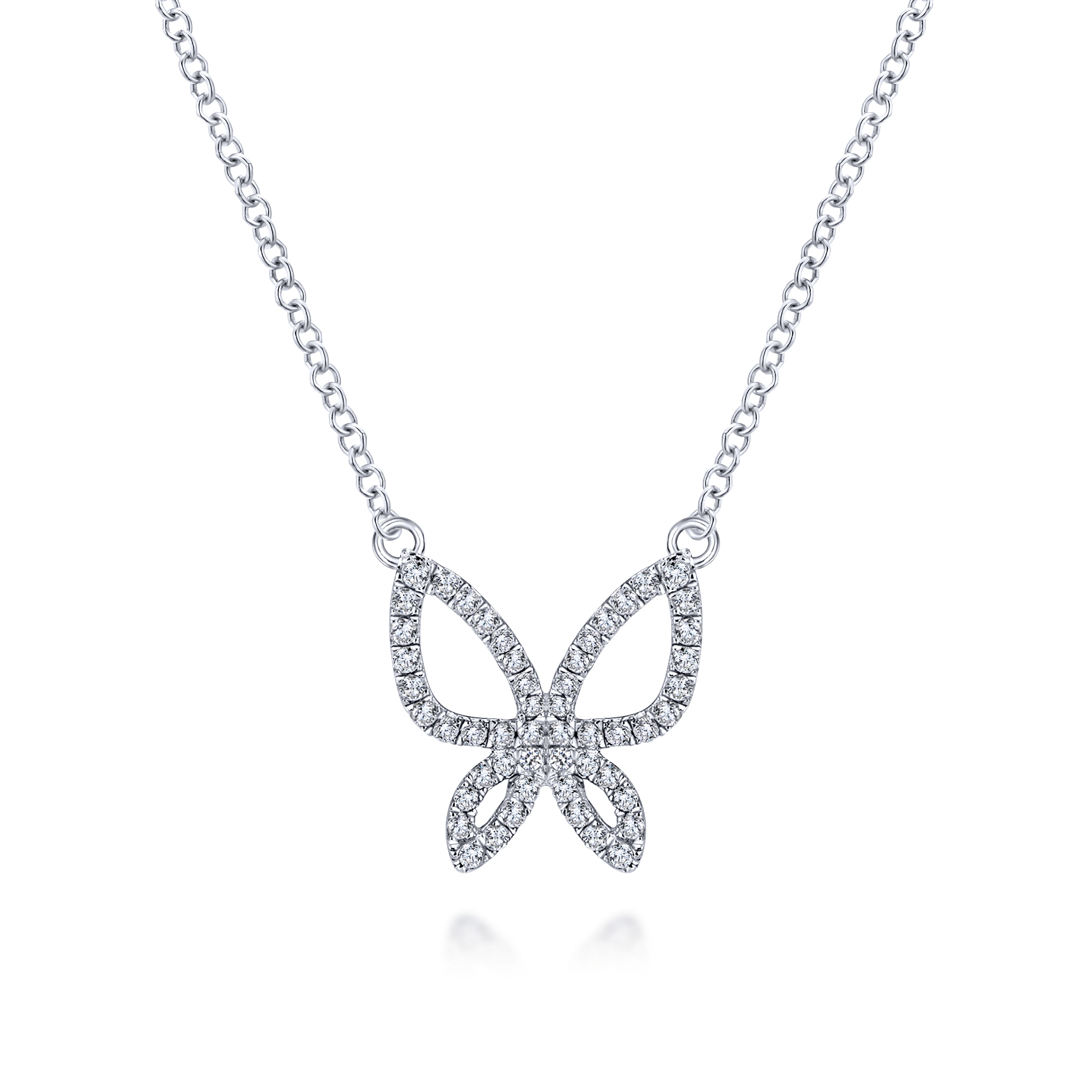 18 inch 14K White Gold Open Diamond Butterfly Pendant Necklace