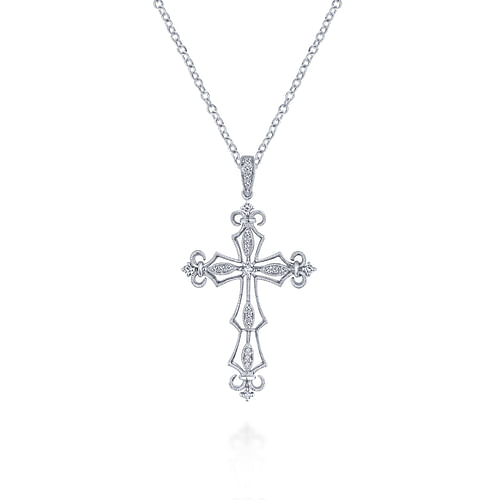 18 inch 14K White Gold Open Diamond Cross Pendant Necklace