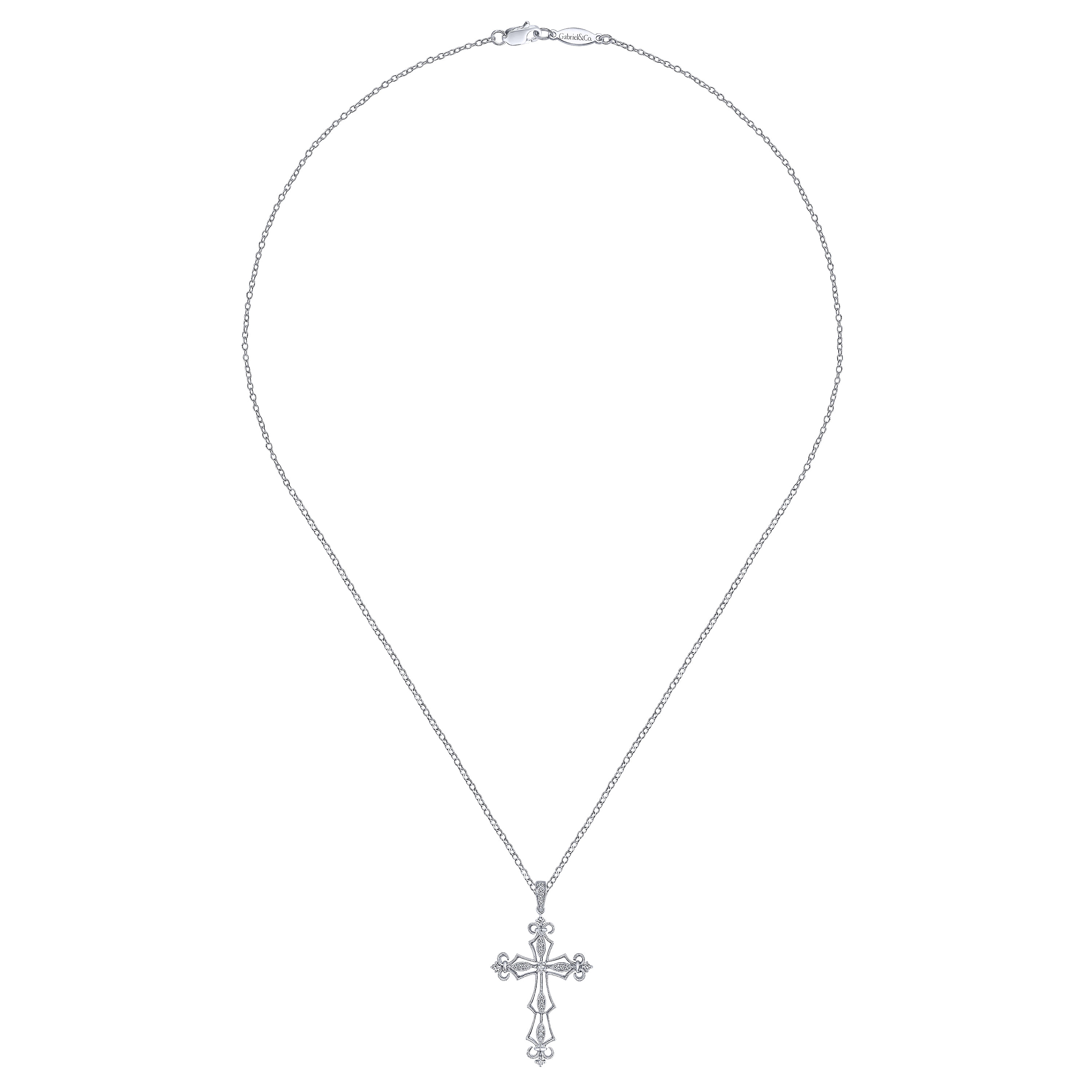 18 inch 14K White Gold Open Diamond Cross Pendant Necklace