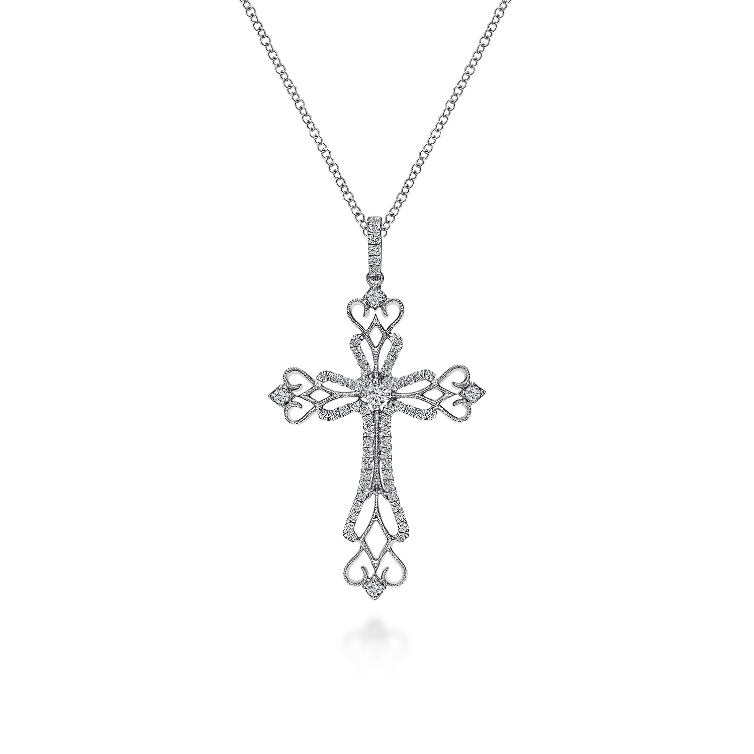 18 inch 14K White Gold Ornate Diamond Cross Pendant Necklace