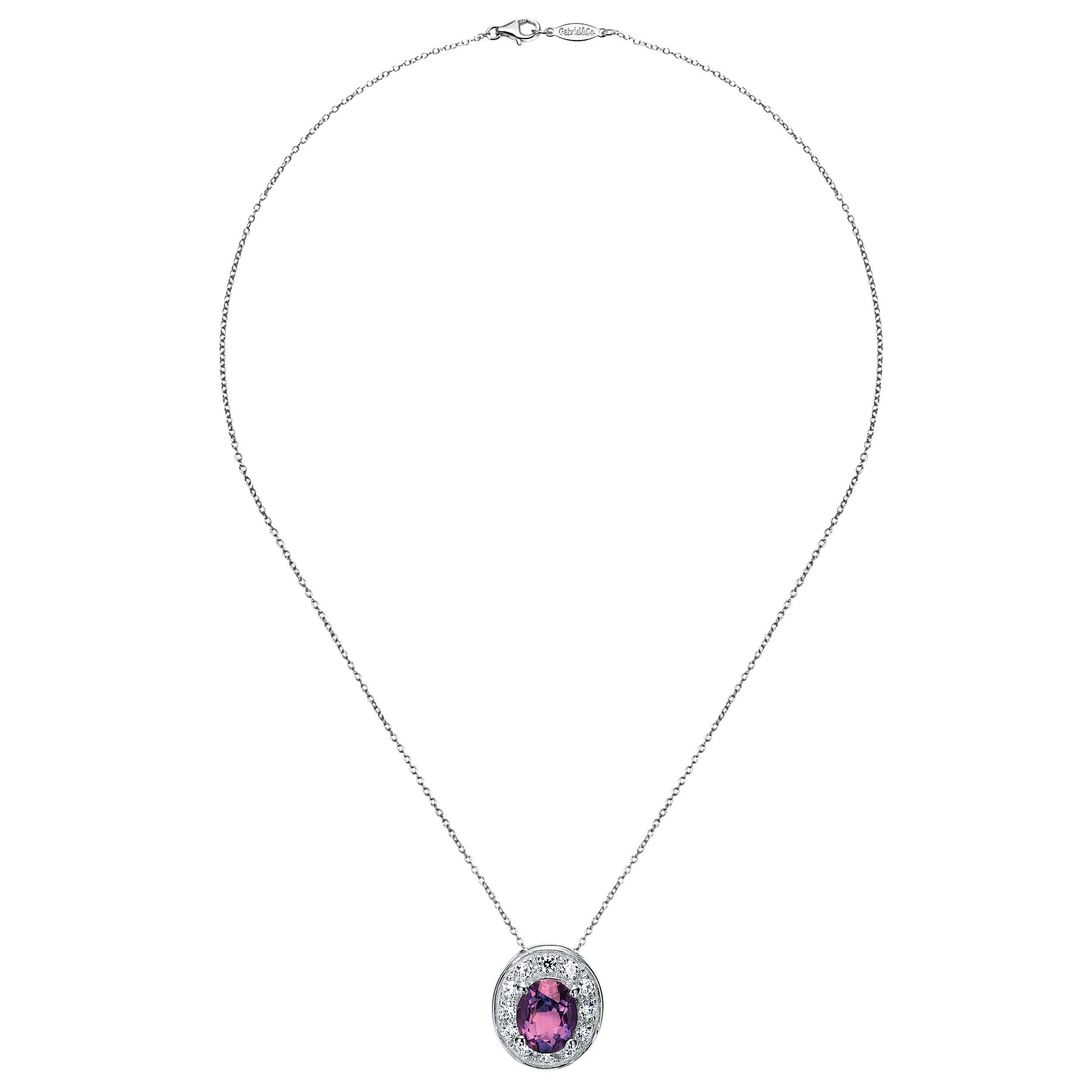 18 inch 14K White Gold Oval Amethyst Diamond Halo Pendant Necklace