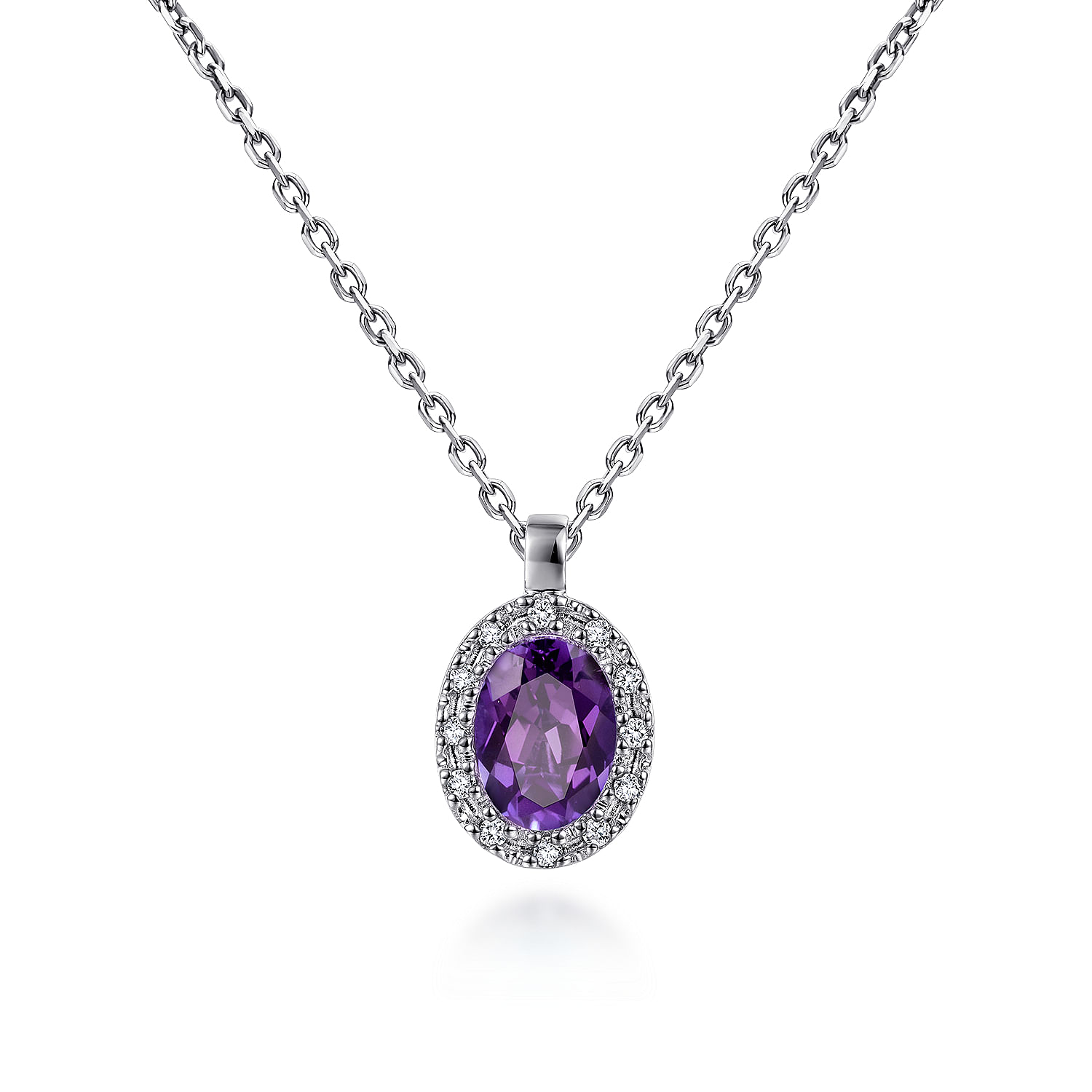 18 inch 14K White Gold Oval Amethyst and Diamond Halo Pendant Necklace