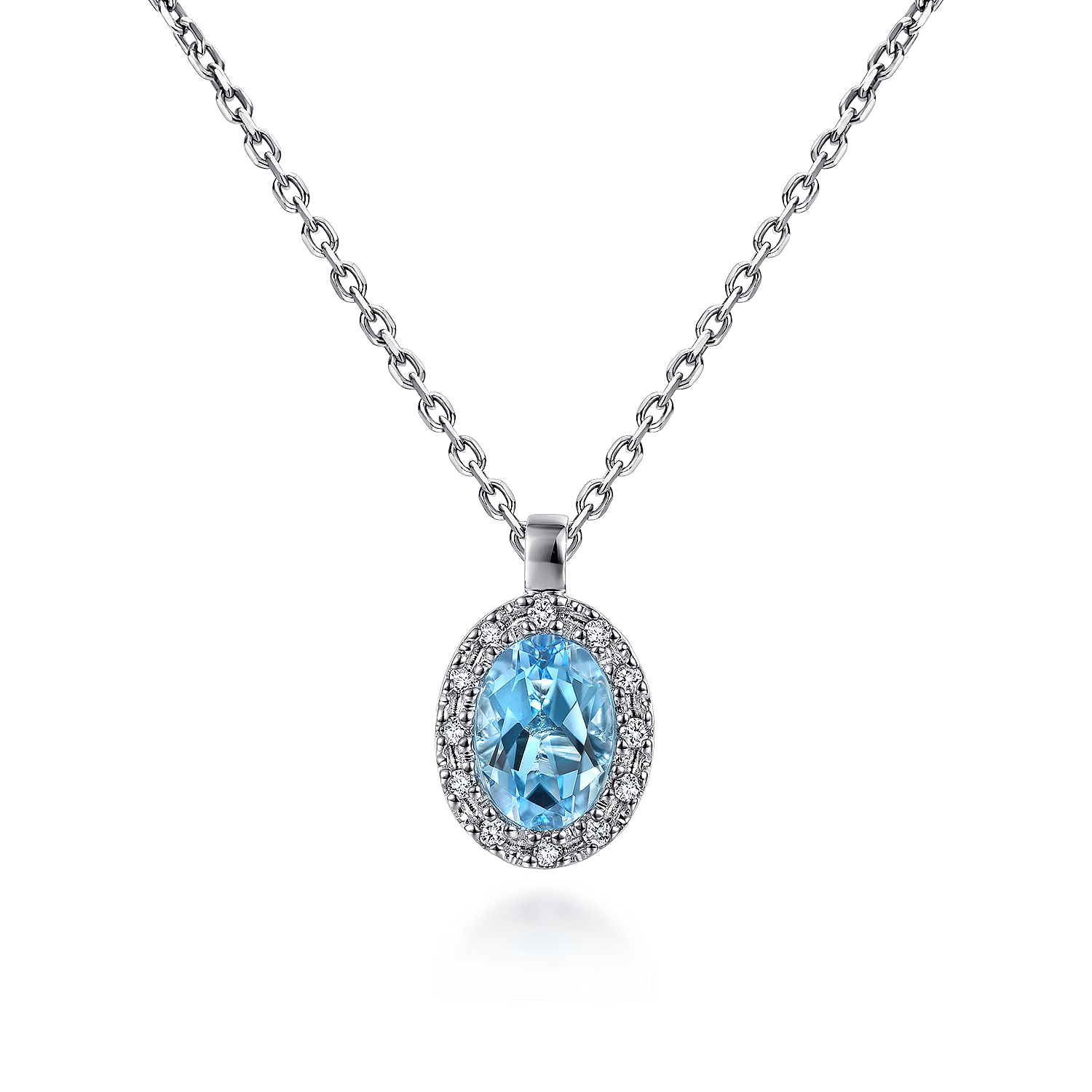 18 inch 14K White Gold Oval Blue Topaz and Diamond Halo Pendant Necklace