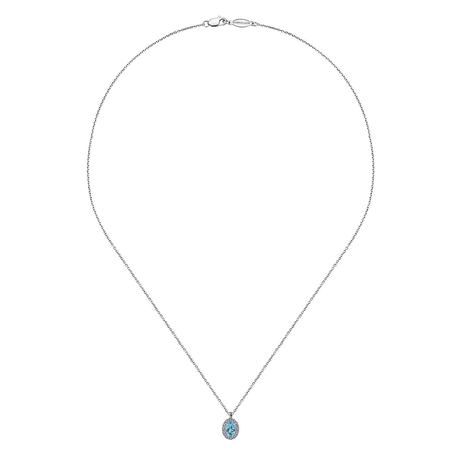 18 inch 14K White Gold Oval Blue Topaz and Diamond Halo Pendant Necklace