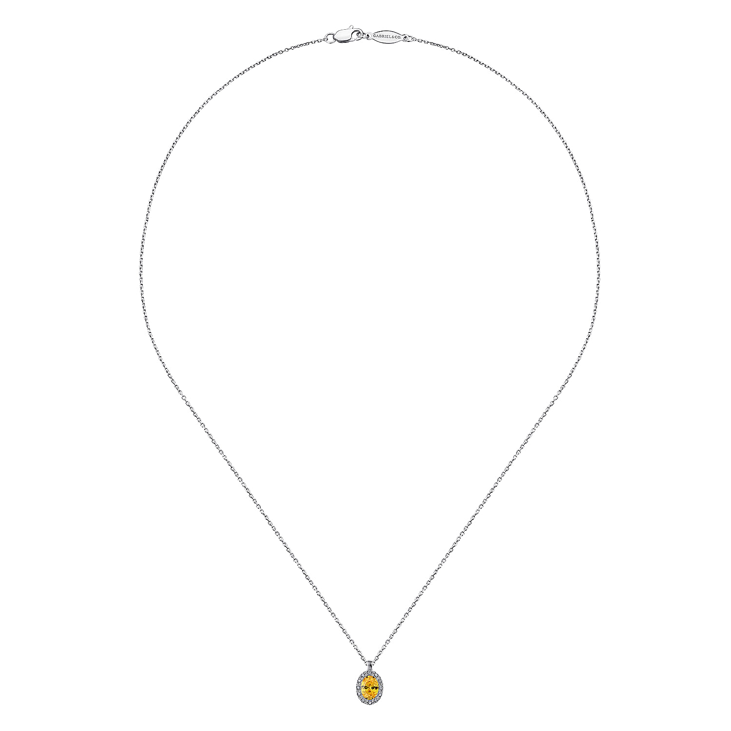 18 inch 14K White Gold Oval Citrine and Diamond Halo Pendant Necklace