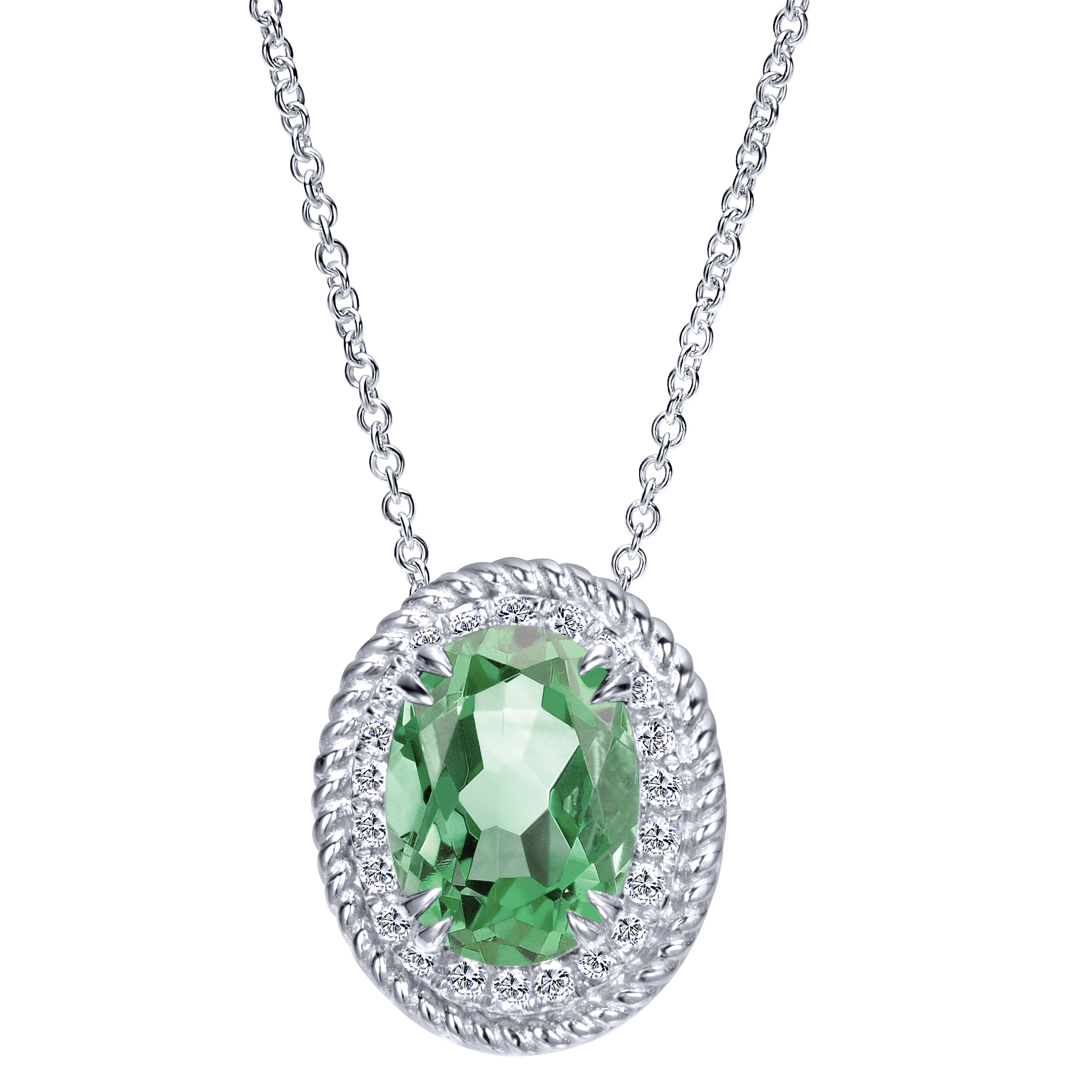 18 inch 14K White Gold Oval Green Amethyst and Diamond Halo Pendant Necklace