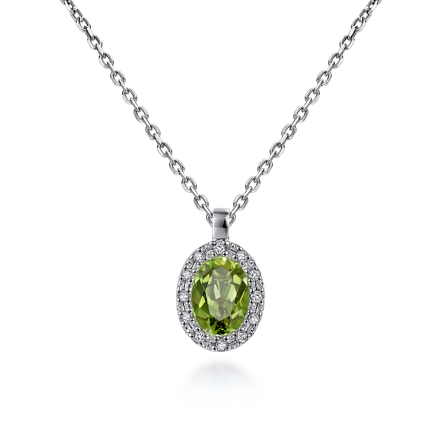 18 inch 14K White Gold Oval Peridot Pendant Necklace with Diamond Halo