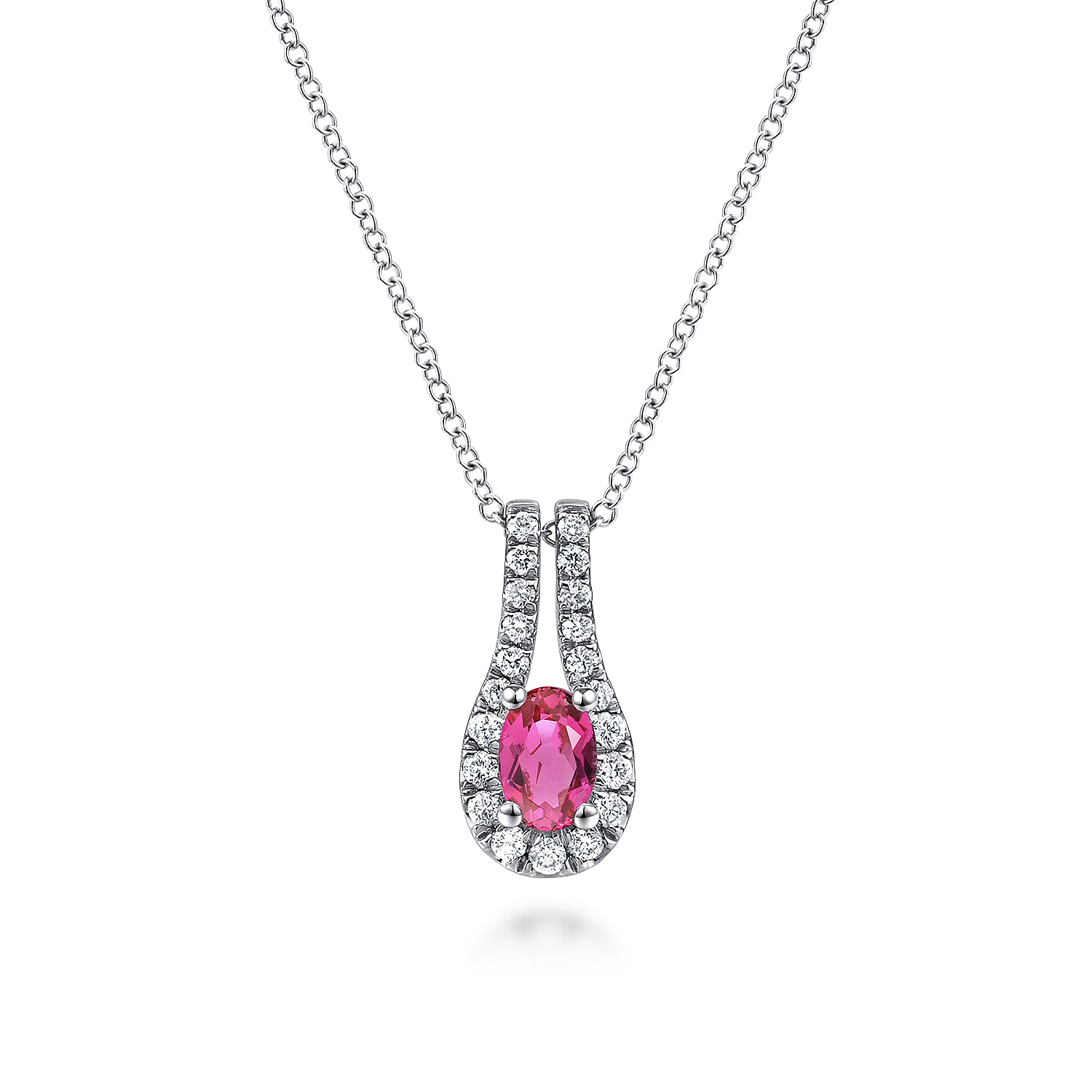 18 inch 14K White Gold Oval Ruby and Diamond Frame Pendant Necklace