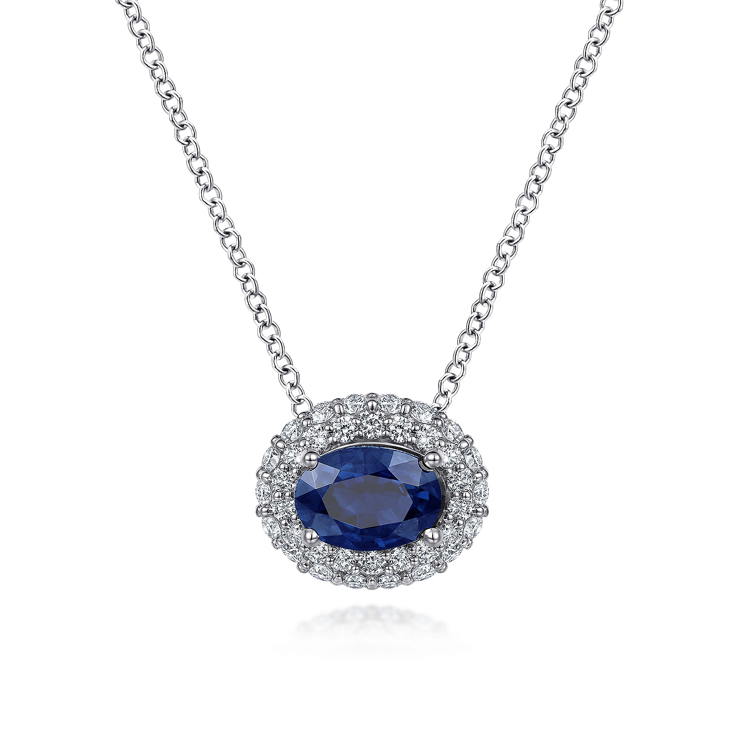 18 inch 14K White Gold Oval Sapphire and Diamond Halo Pendant Necklace