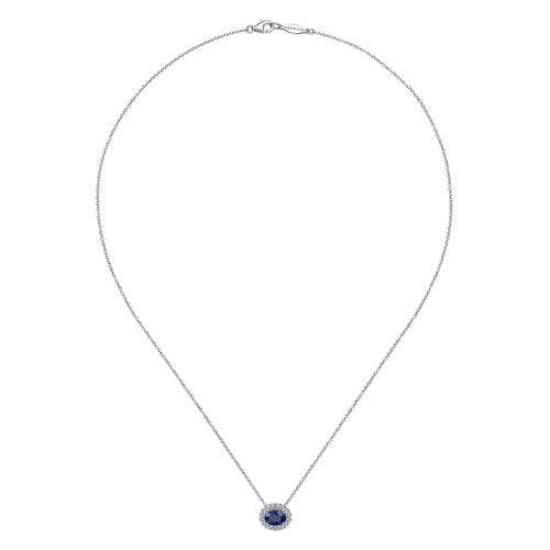18 inch 14K White Gold Oval Sapphire and Diamond Halo Pendant Necklace