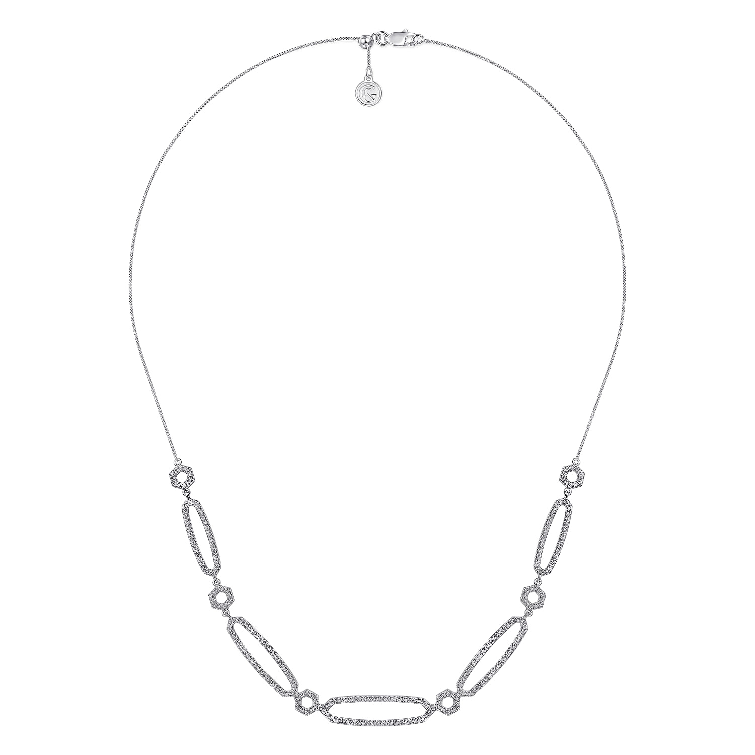 18 inch 14K White Gold Oval and Hexagonal Diamond Link Necklace