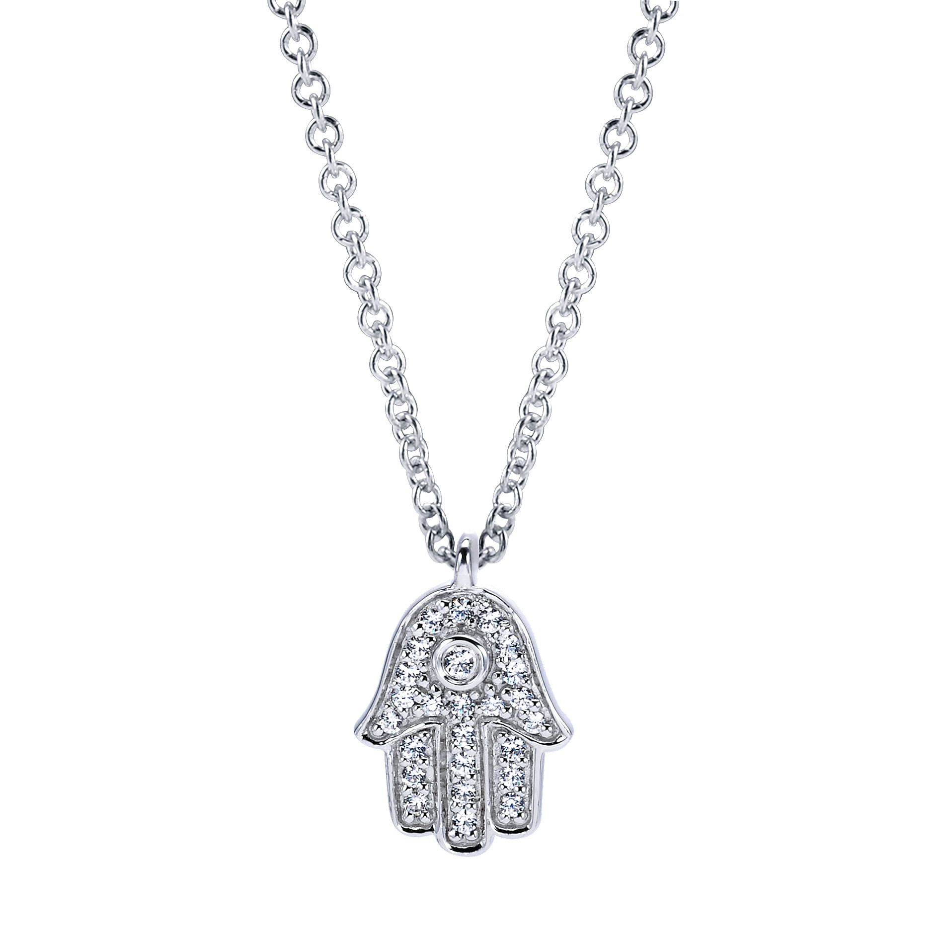 18 inch 14K White Gold Pavé Diamond Hamsa Pendant Necklace