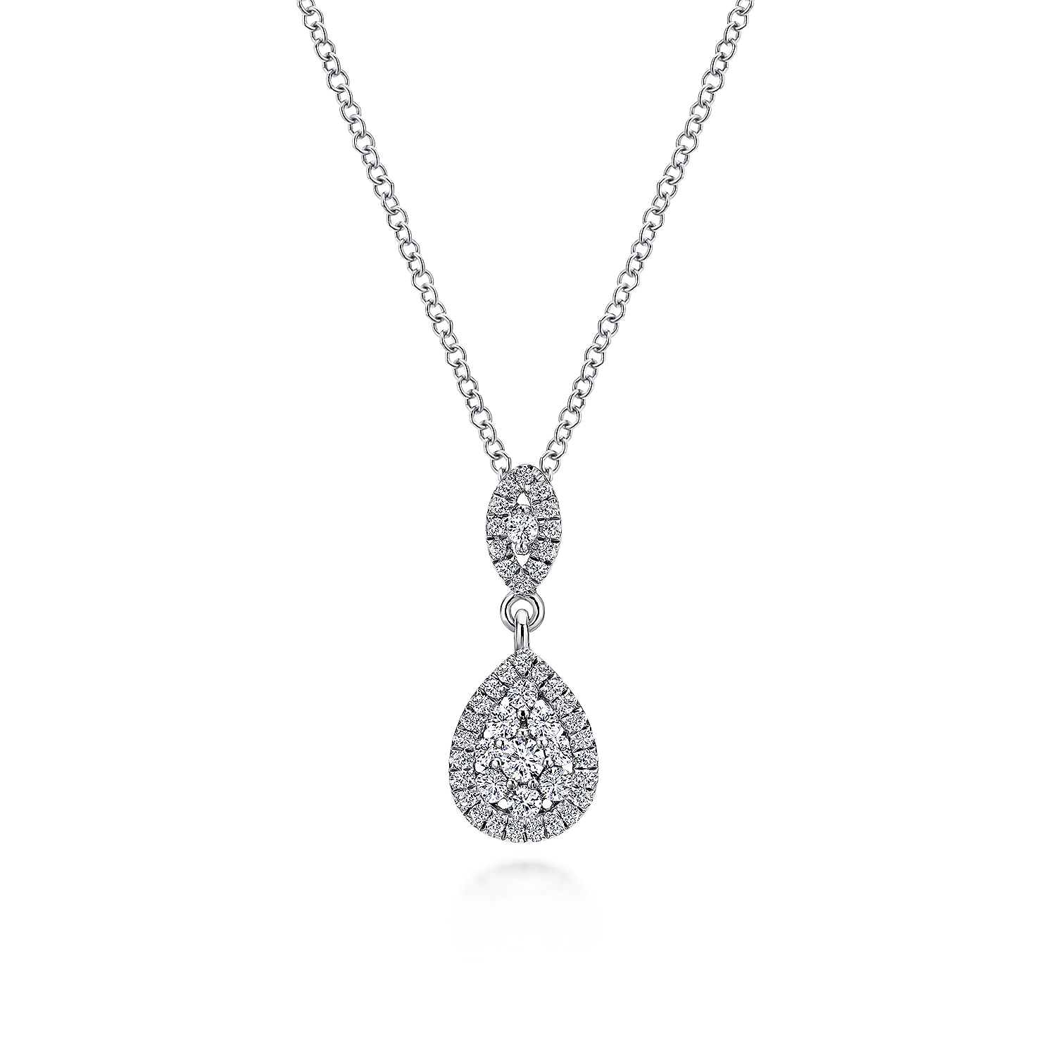 18 inch 14K White Gold Pavé Diamond Pear Shaped Double Pendant Necklace