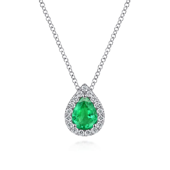 18 inch 14K White Gold Pear Shaped Emerald and Diamond Halo Pendant Necklace