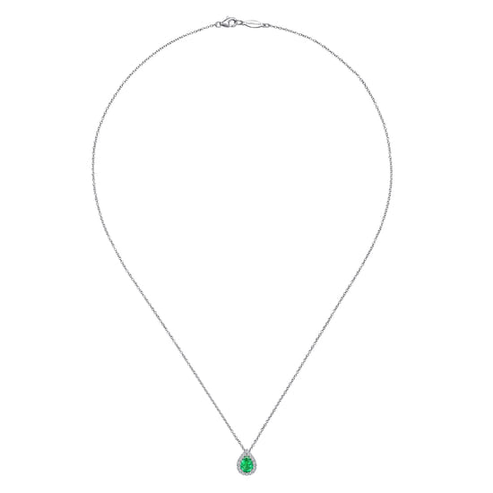 18 inch 14K White Gold Pear Shaped Emerald and Diamond Halo Pendant Necklace angle 2