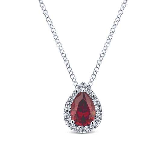 Gabriel - 18 inch 14K White Gold Pear Shaped Ruby and Diamond Halo Pendant Necklace