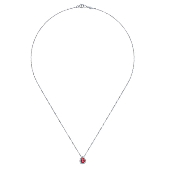 18 inch 14K White Gold Pear Shaped Ruby and Diamond Halo Pendant Necklace angle 2