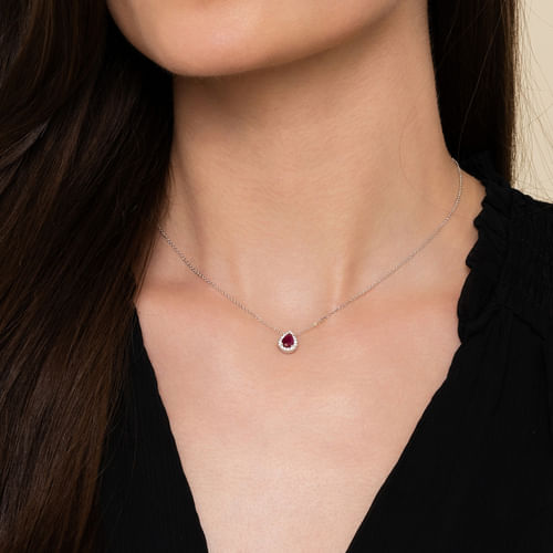 18 inch 14K White Gold Pear Shaped Ruby and Diamond Halo Pendant Necklace