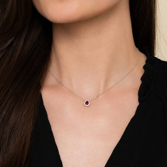 18 inch 14K White Gold Pear Shaped Ruby and Diamond Halo Pendant Necklace angle 3