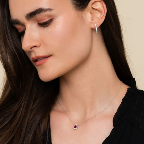 18 inch 14K White Gold Pear Shaped Ruby and Diamond Halo Pendant Necklace