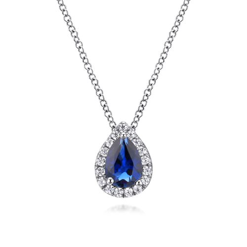 18 inch 14K White Gold Pear Shaped Sapphire and Diamond Halo Pendant Necklace
