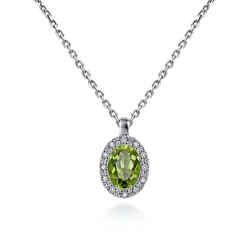 18 inch 14K White Gold Peridot and Diamond Halo Drop Necklace