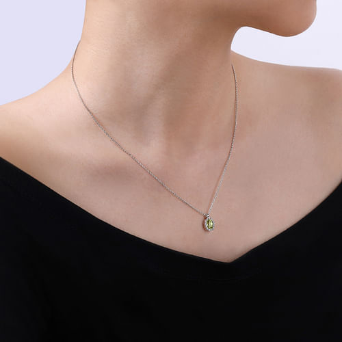 18 inch 14K White Gold Peridot and Diamond Halo Drop Necklace