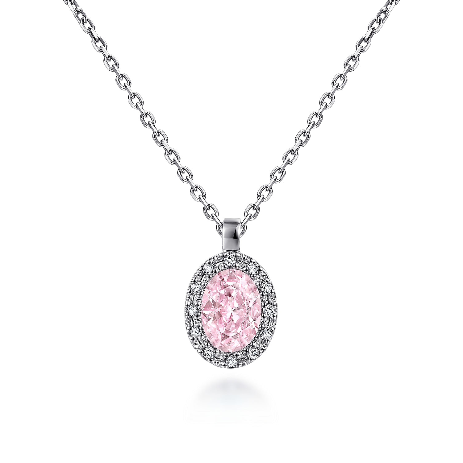 18 inch 14K White Gold Pink Created Zircon and Diamond Halo Drop Necklace