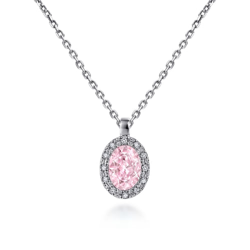 18 inch 14K White Gold Pink Created Zircon and Diamond Halo Drop Necklace