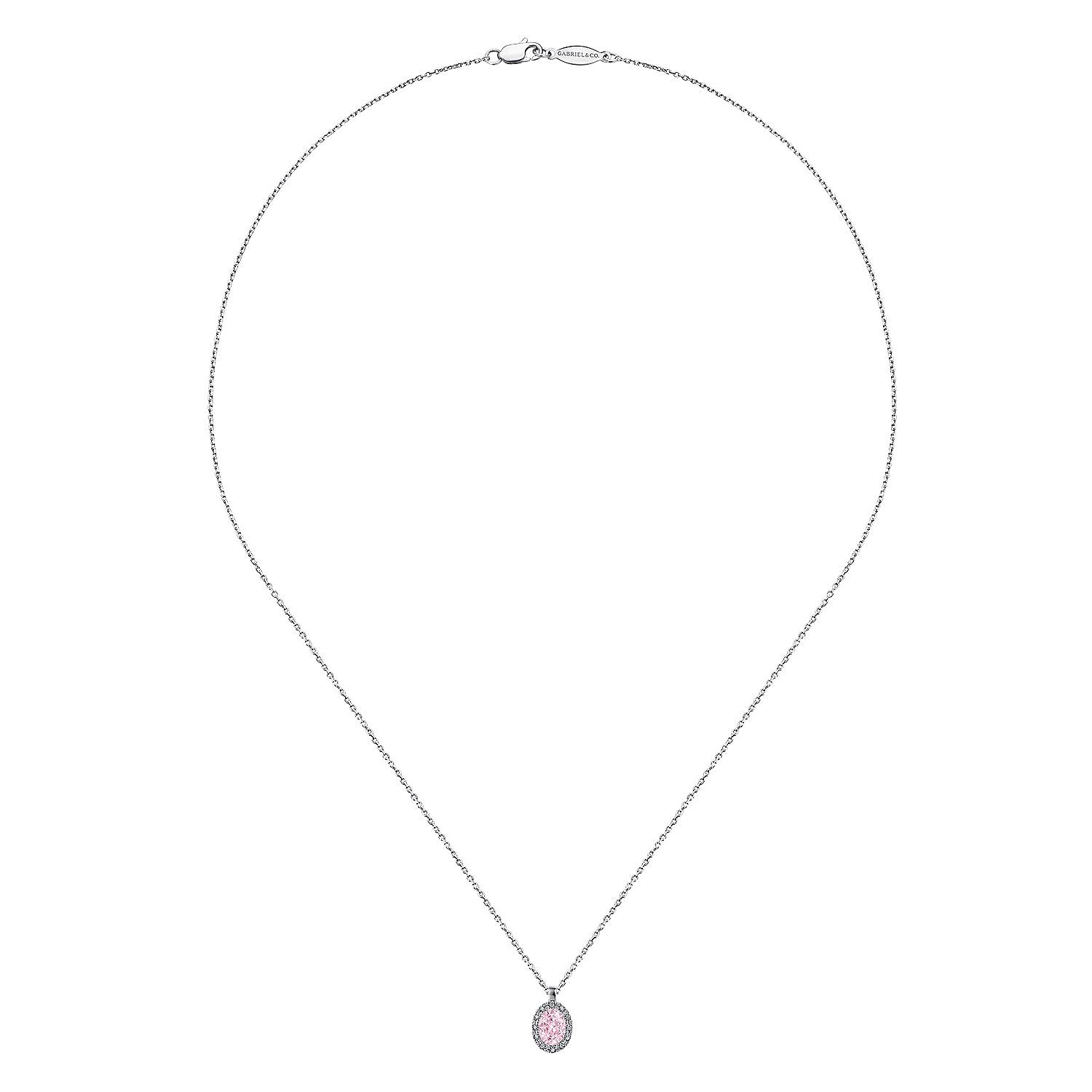 18 inch 14K White Gold Pink Created Zircon and Diamond Halo Drop Necklace
